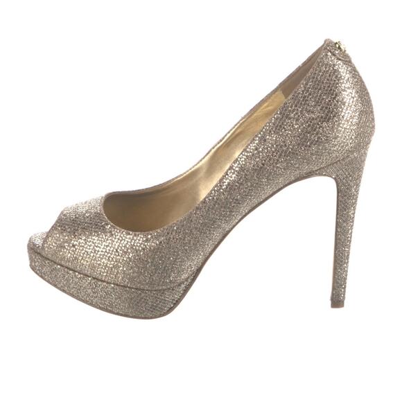 MICHAEL Michael Kors Erika glitter platform peep-toe pumps Silversand Sz 5 - Picture 1 of 5